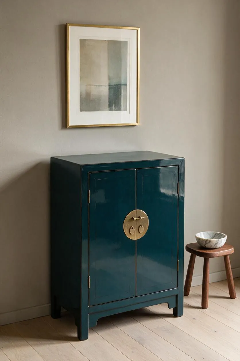 A glossy deep teal cabinet with two doors and a round brass medallion handle sits against a warm beige wall. Above it hangs a framed abstract artwork in a slim gold frame, and to the right a small wooden stool holds a white marble bowl on pale wood flooring.