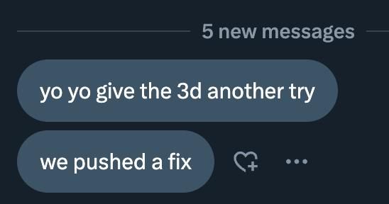 A screenshot of a messaging interface discussing a fix for a 3D model generation issue.