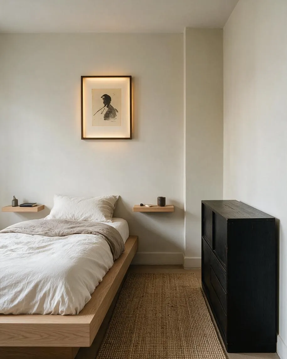 A minimalist master bedroom with a low oak platform bed dressed in white and beige bedding, floating wood night shelves, and a woven natural fiber rug. A framed artwork hangs centered above the bed, and a tall black dresser adds contrast against soft neutral walls.