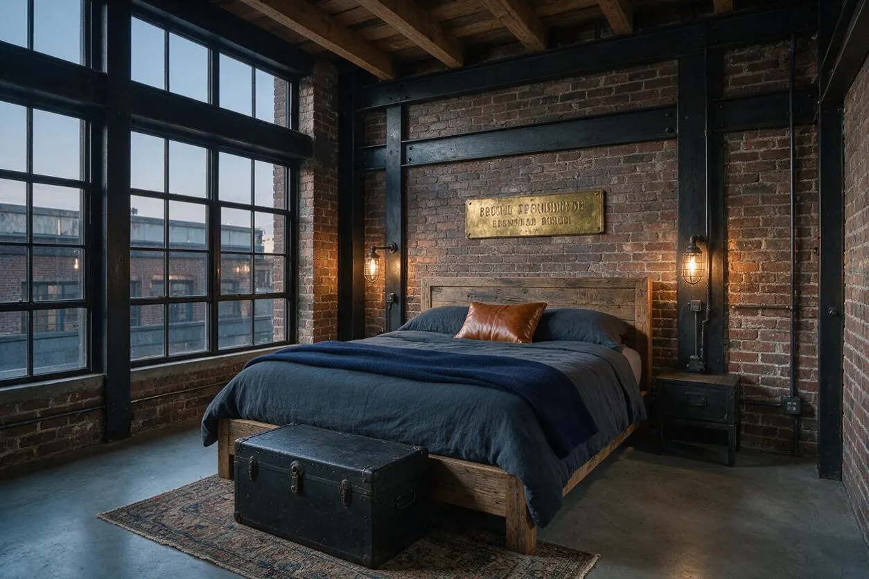 A guest bedroom with an industrial loft feel features exposed brick walls, black steel window frames, and a wood bed with dark navy bedding. A vintage trunk sits at the foot of the bed, while warm wall sconces and a metal sign add character against the rustic, moody backdrop.