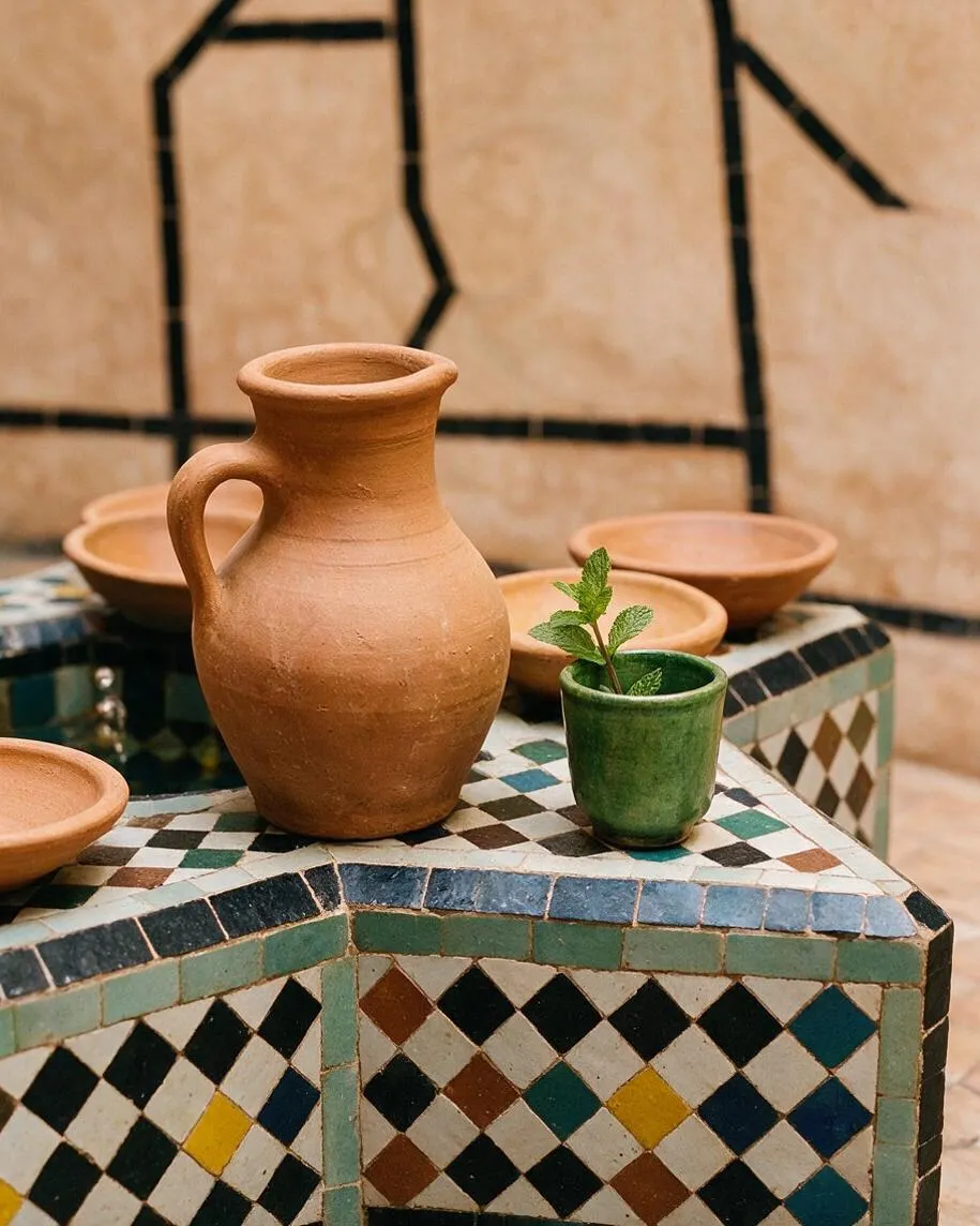 A Moroccan-style decorative corner featuring a terracotta jug, shallow clay bowls, and a small green cup with mint on a colorful mosaic-tiled surface. The backdrop shows a warm plaster wall with bold black linework, creating a handcrafted, earthy atmosphere.