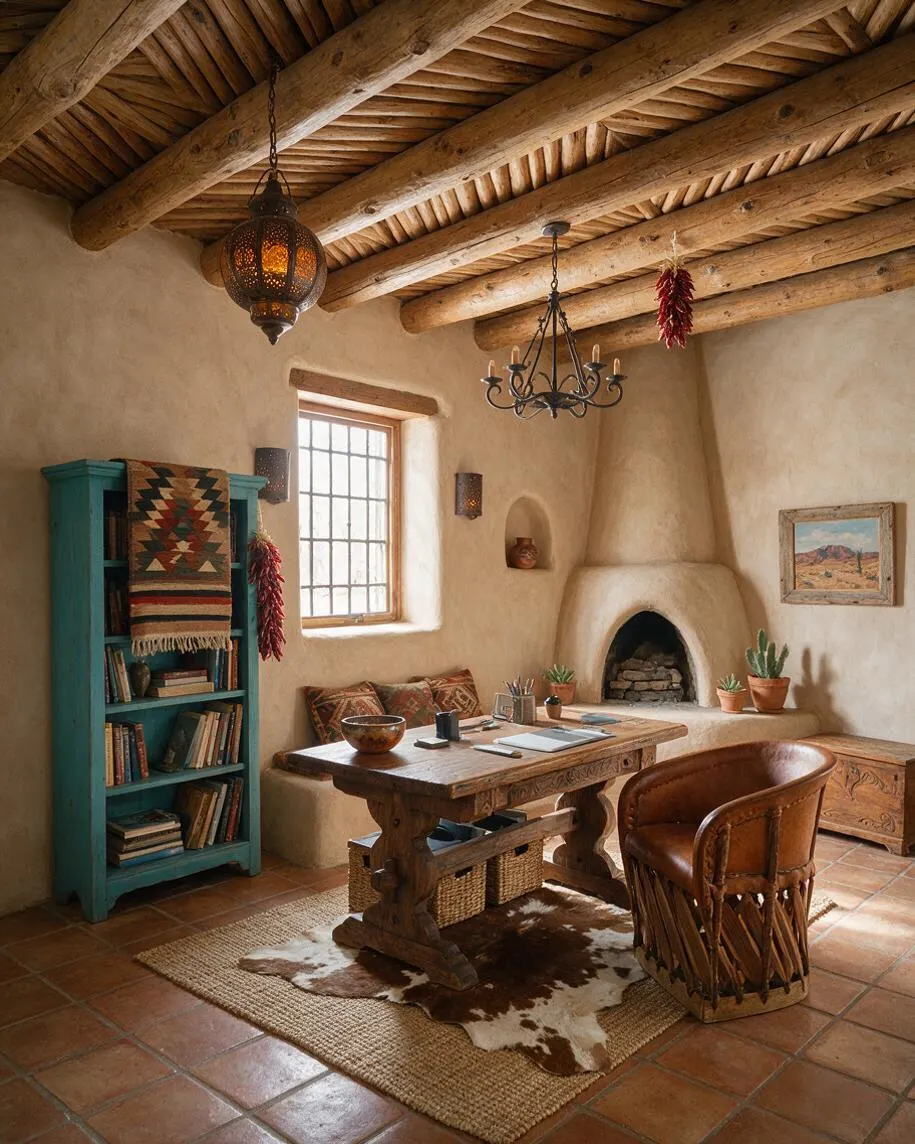 A Southwestern-style basement office or sitting room with thick log ceiling beams, warm adobe-plastered walls, and terracotta tile flooring. The space includes a carved wood desk, turquoise bookshelf, leather chair, arched fireplace, and layered rustic textiles for a cozy, earthy feel.