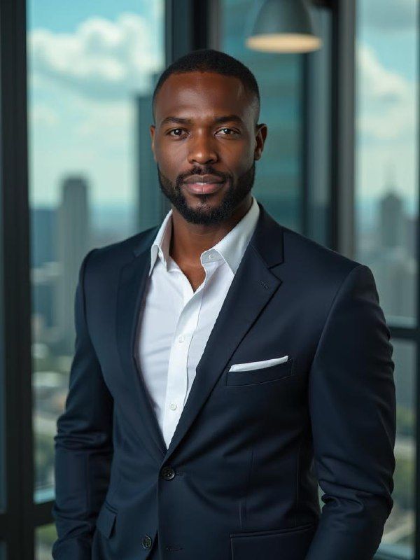 A professional headshot of a man in a suit against a city skyline backdrop.