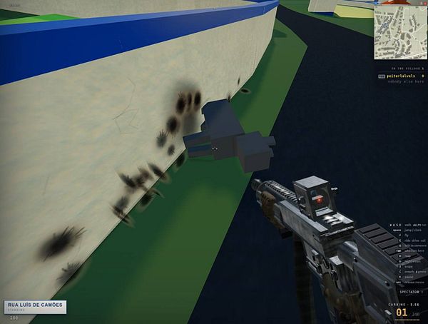 Screenshot of a 2D interactive simulation game resembling a town area with characters and objects.