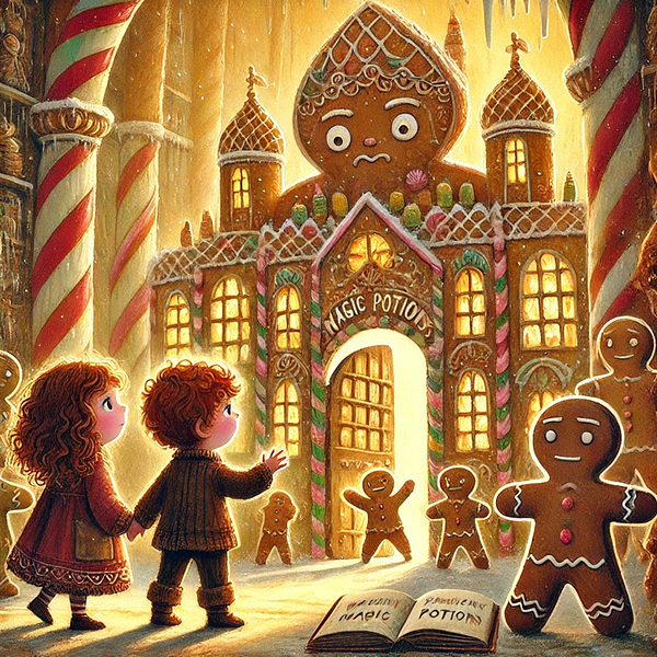 A whimsical scene featuring two children in front of a gingerbread house labeled 'Magic Potions'.