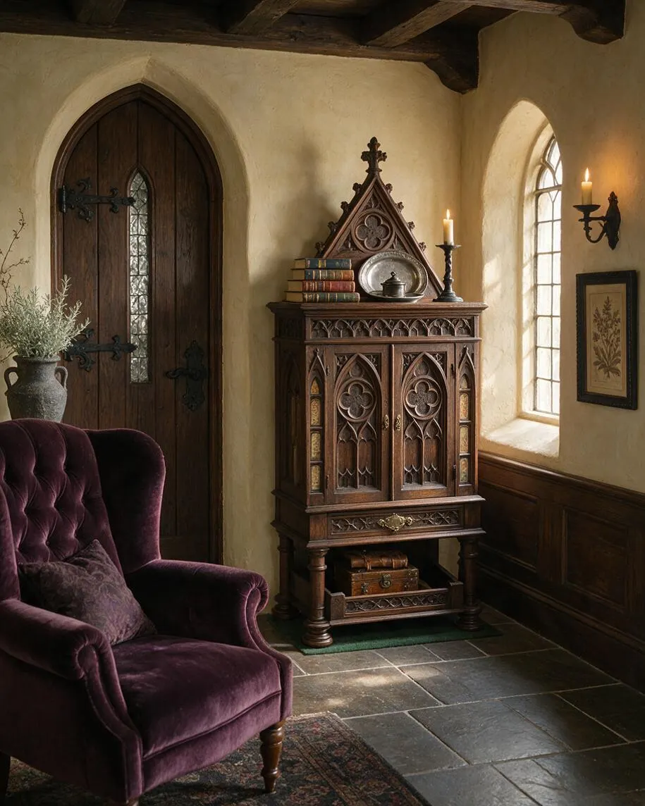 A Gothic-style front porch with a pointed-arch wooden door, carved wood cabinet, leaded glass window, and a deep plum velvet armchair. The space has cream plaster walls, dark wood trim, slate flooring, and candle-style wall sconces that create a moody, historic atmosphere.