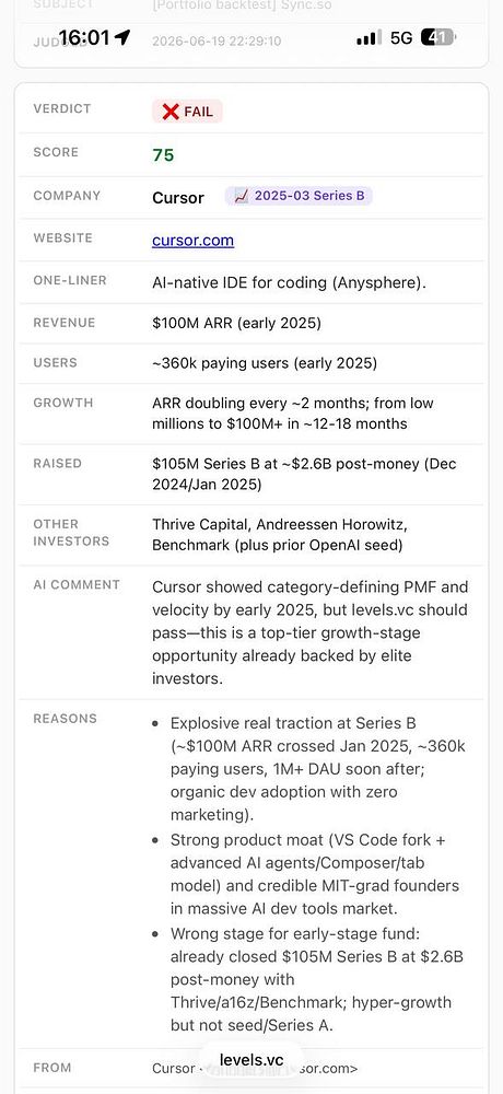 Screenshot of a Jupyter Notebook displaying Python code for backtesting investments with VC AI.