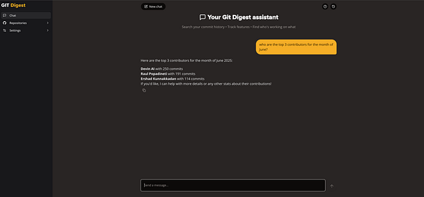 The image displays a chat interface for a Git Digest assistant showing the top contributors for June 2025.