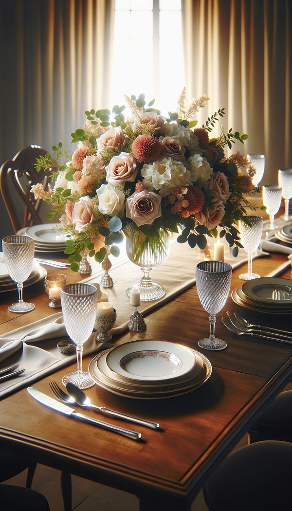 A beautifully arranged floral centerpiece on a wooden dining table, surrounded by fine china, crystal glassware, and silver cutlery, casting a warm glow under soft, ambient lighting.