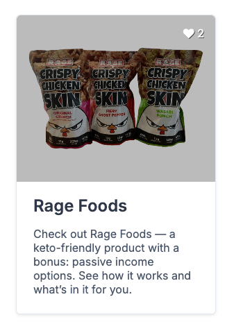 The image features a promotional card for Rage Foods showcasing their crispy chicken skin products.