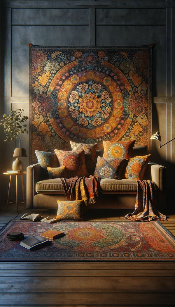 A cozy living room featuring a sofa upholstered in colorful batik fabric, with batik throw pillows on it, and a batik tapestry hanging on the wall.