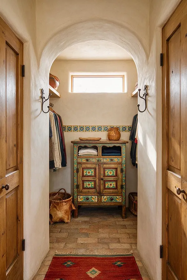 A narrow Southwestern-style closet with white plaster walls, arched ceiling, and wooden double doors. Inside, a colorful hand-painted armoire sits beneath a small horizontal window, with open side shelves and hanging clothes on both sides, plus woven baskets and a red patterned rug on the floor.