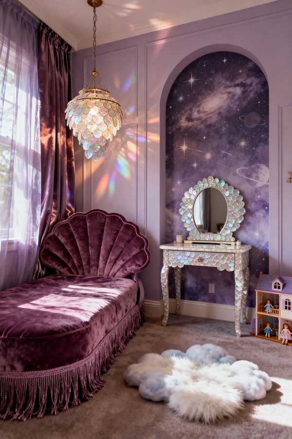A lilac kids’ room features a scallop-back chaise in deep plum velvet with fringe beside a sunlit window dressed in sheer and satin drapes. An iridescent capiz chandelier casts rainbow reflections over paneled walls. In an arched niche, a shell-inlaid vanity with an oval mirror glows against a midnight galaxy mural of stars and planets. A cloud-shaped faux fur rug rests on soft gray carpet near a dollhouse, completing the vintage glam yet playful atmosphere.