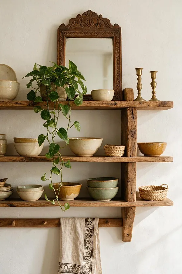 A bohemian wall vignette featuring rough-hewn wooden shelves mounted against a white wall, decorated with ceramic bowls in earthy tones, brass candlesticks, a trailing pothos plant, and a carved wooden mirror centered above. A woven basket and a patterned linen towel add texture and a relaxed, natural feel.