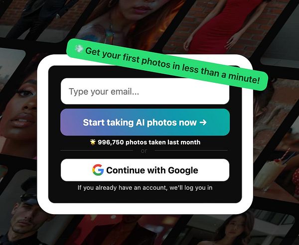 The image displays a user interface for an AI photo service, featuring an email input field and options to start taking photos or log in with Google.