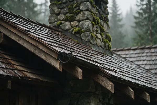 A rustic cabin exterior close-up showing a steep roof with weathered wooden shingles and exposed timber rafters. A thick stone chimney covered in patches of green moss rises through the roof, with a misty forest blurred in the background.