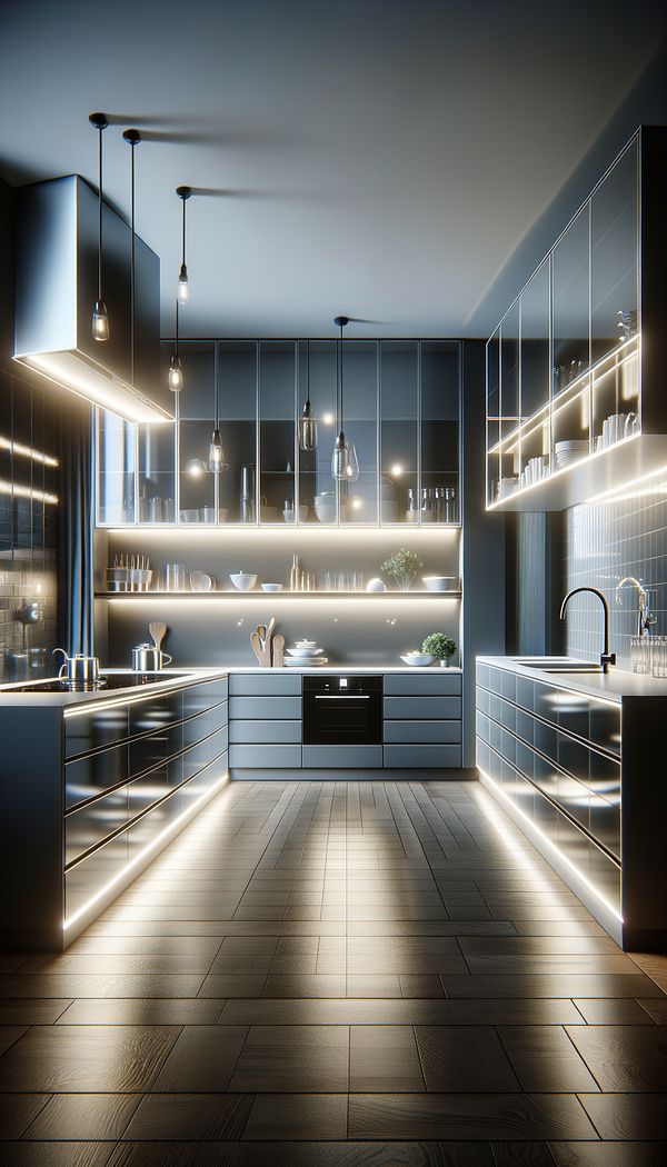 A modern kitchen with a bright, glossy glass splashback reflecting the kitchen lights, showcasing how it enhances the overall aesthetic and brightness of the space.