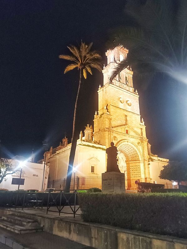 A beautifully illuminated historic building at night, surrounded by palm trees and greenery.