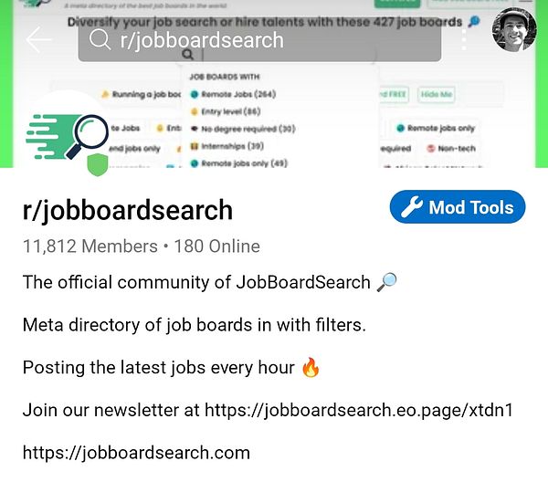 The image displays the subreddit r/jobboardsearch, highlighting its member count and purpose.