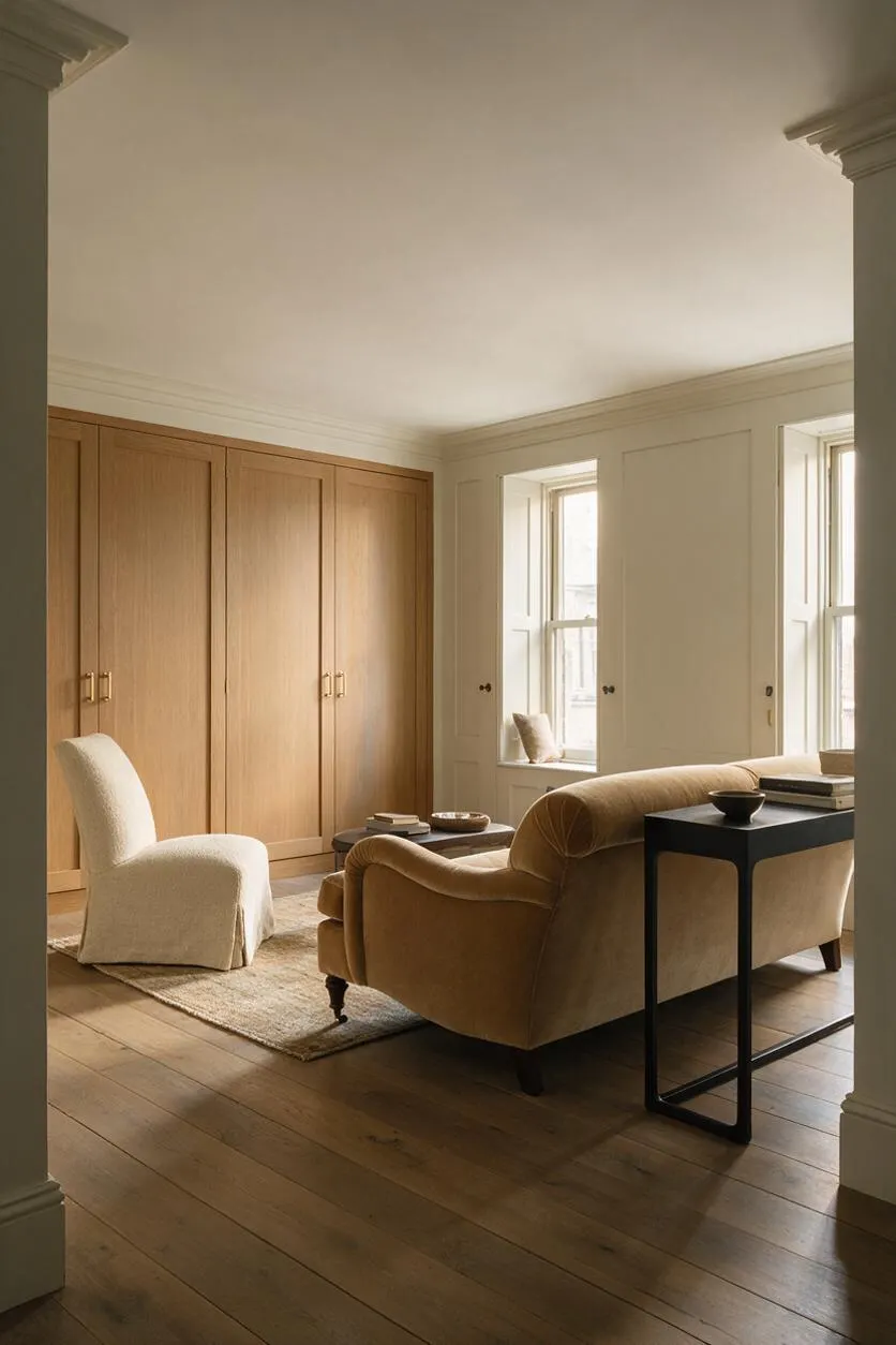A serene studio apartment living area with a warm wood-paneled wall of built-in storage, two tall windows, and a neutral palette. A caramel velvet sofa, white slipcovered chair, textured rug, and slim black side table create a balanced transitional look on wide-plank wood floors.