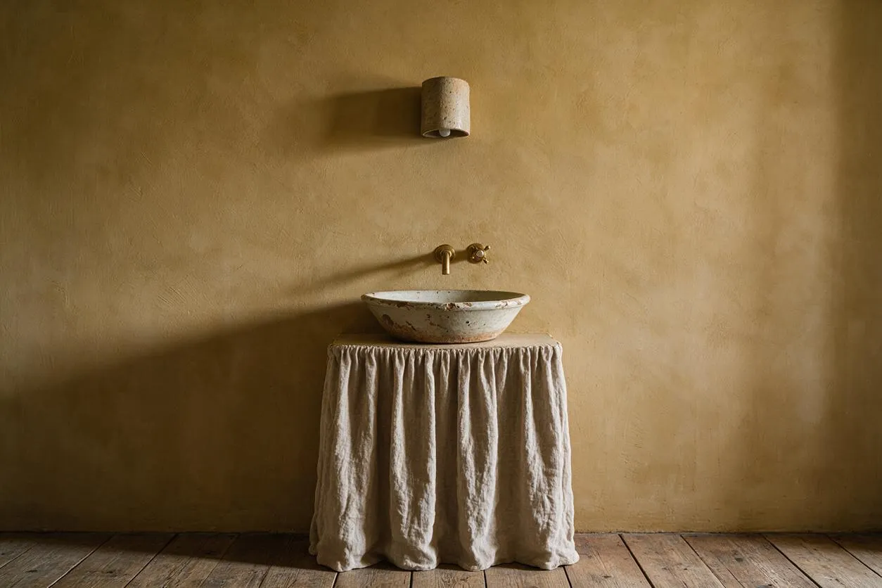 A serene powder room with a textured ochre plaster wall, a small cylindrical wall light above a simple brass faucet, and a shallow handcrafted stone basin set on a skirted pedestal draped in natural linen. Wide wooden floorboards add warmth and emphasize the room’s muted, organic Wabi-Sabi character.