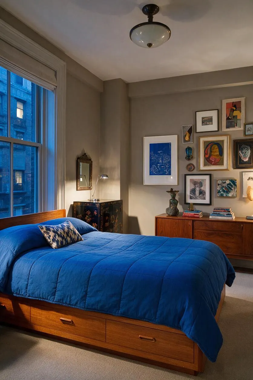 A master bedroom with a vivid blue bedspread on a wooden storage bed, set against taupe walls and a gallery wall of mixed framed artwork. A large window brings in cool natural light, while a mid-century wood dresser, patterned accent pillow, and decorative lamps add layered eclectic character.