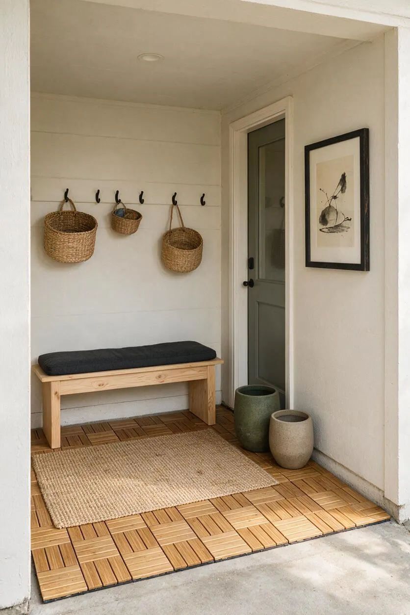 A small front porch styled in Japandi design with white shiplap walls, a pale wood bench with a dark cushion, and three woven baskets hanging on black hooks. A textured jute rug, interlocking wood deck tiles, ceramic planters, and a framed botanical print complete the calm, minimalist entryway.