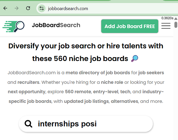 The image displays a webpage for JobBoardSearch, highlighting its services for job seekers and recruiters.