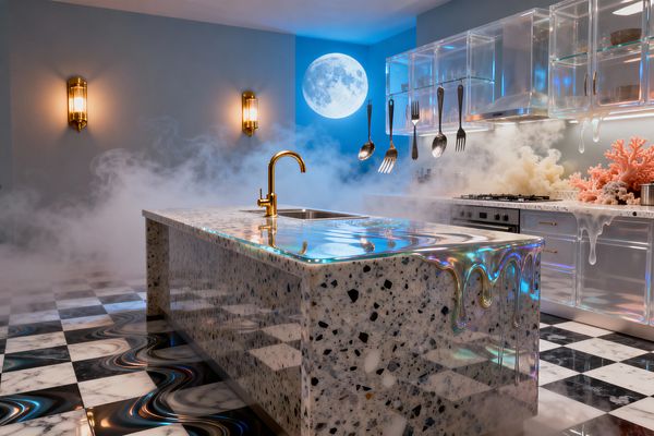 A surreal kitchen with a terrazzo island featuring a gold faucet and iridescent, melting edges, set on a black-and-white checkerboard floor that ripples like liquid. Translucent acrylic cabinets, hanging stainless utensils, and a stainless range sit against powder-blue walls, while warm wall sconces and a glowing full-moon light illuminate drifting fog and coral-like decor for a dreamlike atmosphere.