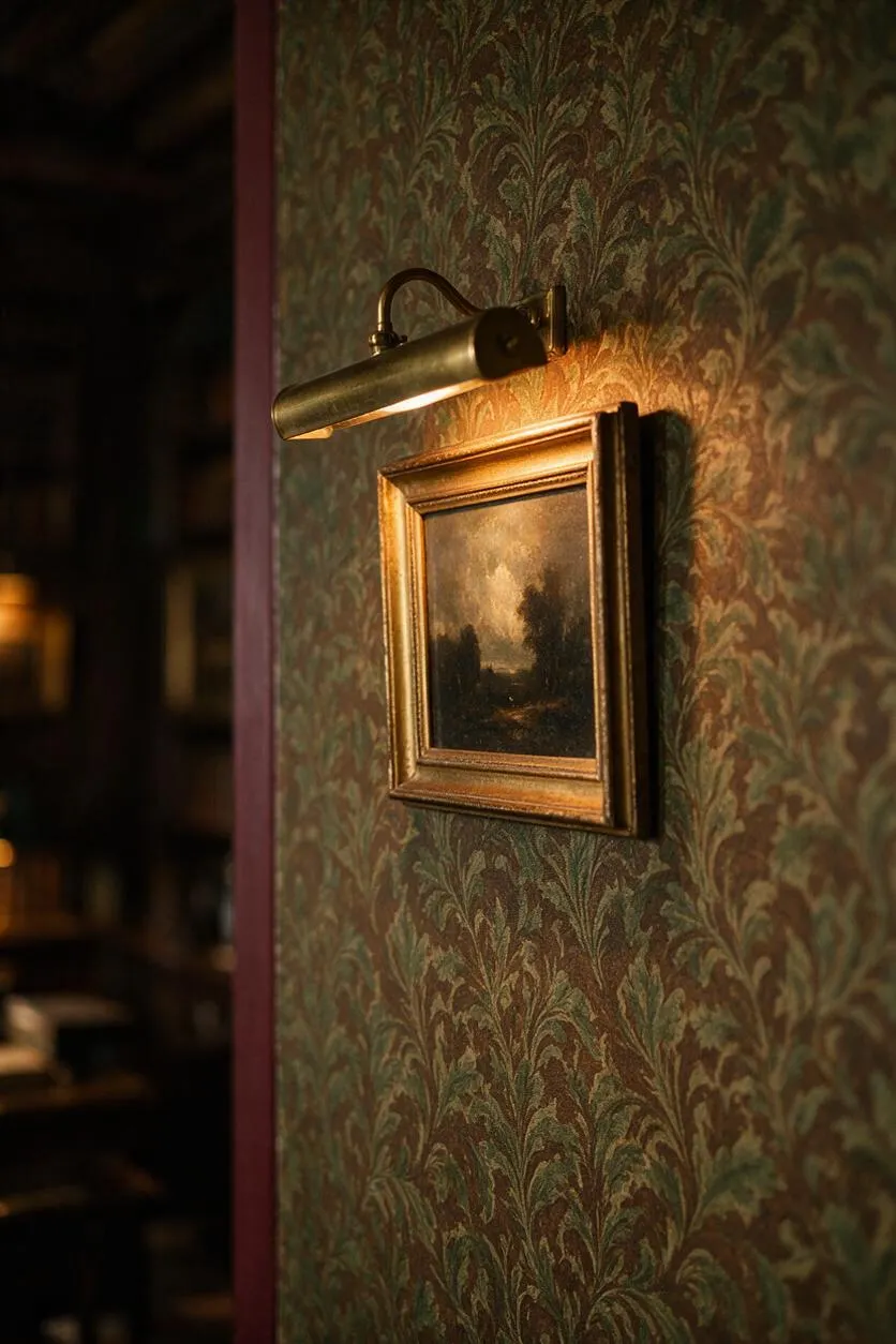 A dimly lit dark academia wall detail with green and brown botanical-patterned wallpaper, a small gold-framed painting, and an antique brass picture light mounted above it. The warm light creates a moody glow, while a dark blurred background adds depth and a library-like atmosphere.