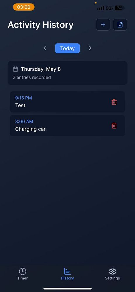 The image displays an activity history interface from a mobile app.
