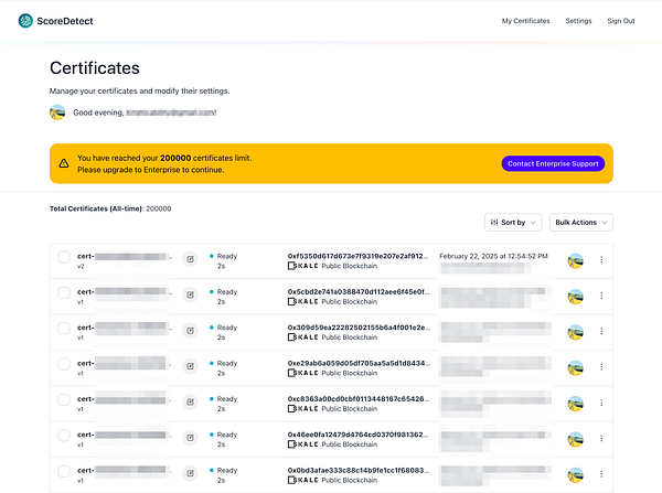 The image displays a user interface for managing certificates on the ScoreDetect platform, highlighting a limit reached alert.