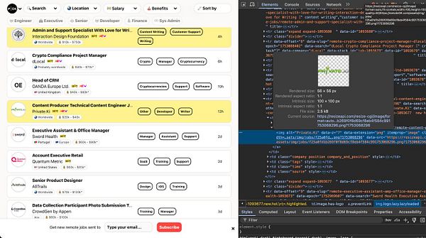 The image displays a job listing interface alongside a code inspection tool showing details of a specific job entry.