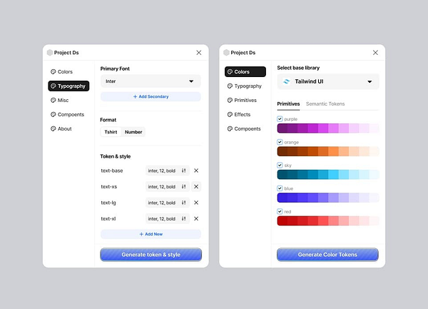 The image displays a user interface for a design system project, showcasing typography and color settings.