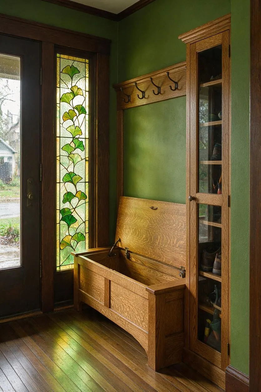 A Craftsman-style front porch interior with olive green walls, dark wood trim, and a stained glass side light featuring leafy green patterns beside the front door. A built-in oak bench with storage sits below a row of black hooks, and a tall glass-front cabinet holds shoes and outdoor items.