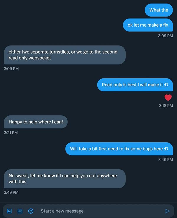 A conversation in a messaging app discussing technical adjustments for a websocket connection.