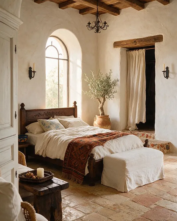 A warm Mediterranean-style master bedroom with white plaster walls, exposed wood ceiling beams, and an arched window bringing in soft natural light. The room features a dark wood bed with cream bedding, a patterned throw, a linen bench, wrought-iron wall sconces, a small chandelier, and terracotta tones throughout.