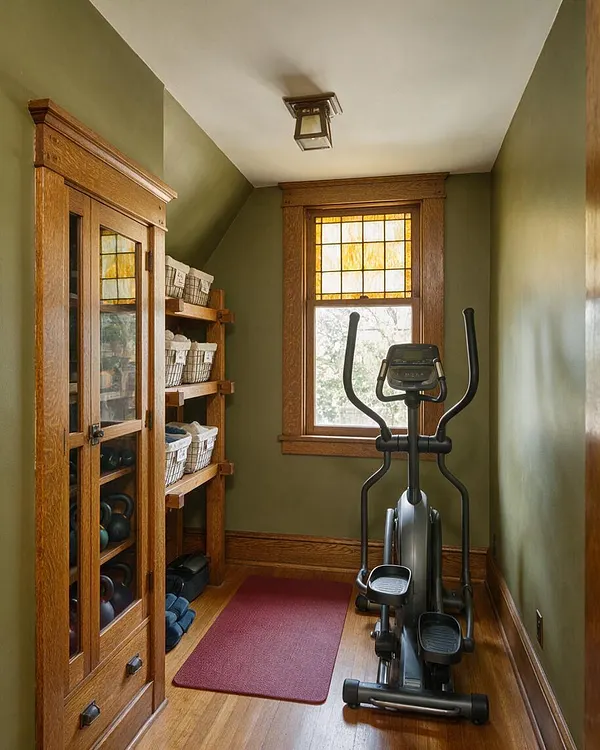 A narrow Craftsman-style home gym with olive green walls, oak trim, and a stained wood window and cabinet. An elliptical machine sits on a red rug beside open shelves with woven baskets and exercise accessories, lit by a small ceiling fixture and soft natural light.