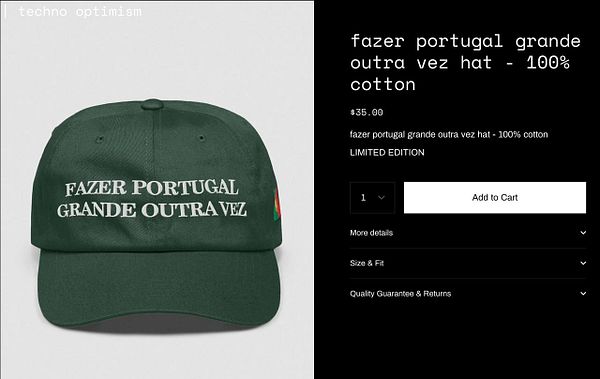 A green baseball cap featuring the phrase 'FAZER PORTUGAL GRANDE OUTRA VEZ' and a product listing on the right.