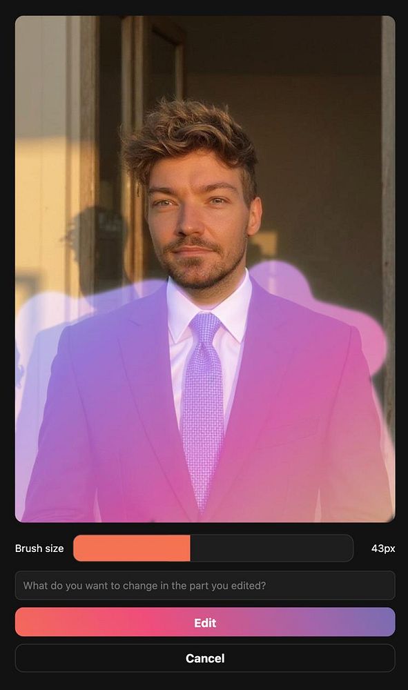 A user interface displaying an inpaint editor with a holographic brush effect applied to a portrait of a man in a suit.