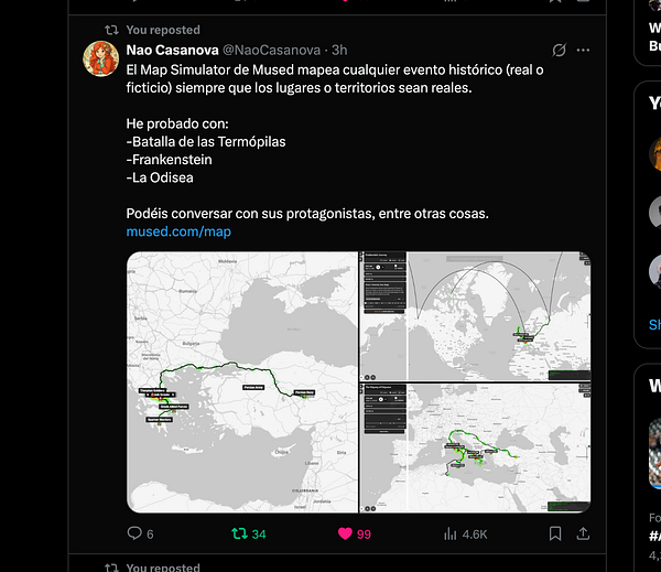 A Twitter post featuring a map simulator interface from Mused, showcasing various historical events and locations.
