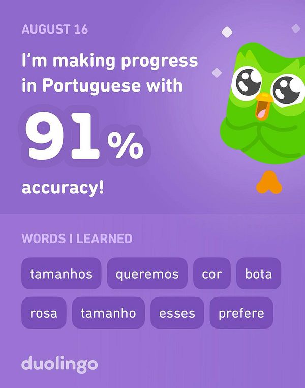 A progress report from a language learning app showing achievements in learning Portuguese.