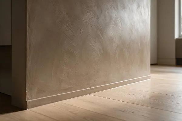 A close-up view of a modern interior showing a smooth, textured plaster wall meeting pale wood plank flooring. Soft natural light highlights the subtle finish and clean base detail, creating a calm minimalist atmosphere.