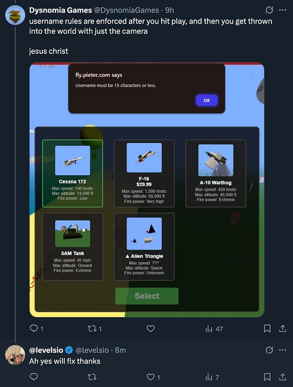 The image features a game interface displaying various aircraft and vehicles available for selection, along with a username restriction notification.