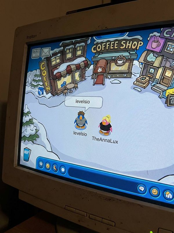 Digital artwork of a colorful Club Penguin scene featuring multiple penguin characters in various shades and outfits on an icy platform with snow and sky background.