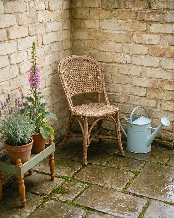 A cozy cottagecore patio corner with weathered cream brick walls, a woven wicker chair, terracotta pots of lavender and foxglove on a small painted plant stand, and a pale blue watering can on mossy stone pavers.