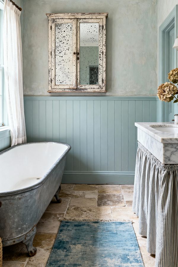 A vintage-inspired bathroom with a weathered galvanized slipper tub beside a window dressed in sheer white linen curtains. Walls combine duck-egg beadboard with mottled pale blue limewash and a distressed medicine cabinet with foxed mirrors. A white marble-topped, skirted vanity in blue-and-white ticking stands on tumbled limestone tiles, anchored by a faded teal rug and dried hydrangeas for a timeworn, soft look.