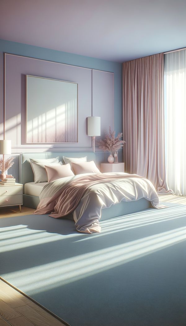 A serene bedroom decorated with soft pastel shades including light pink bedding, baby blue curtains, and walls in a soft lavender, all bathed in natural sunlight.