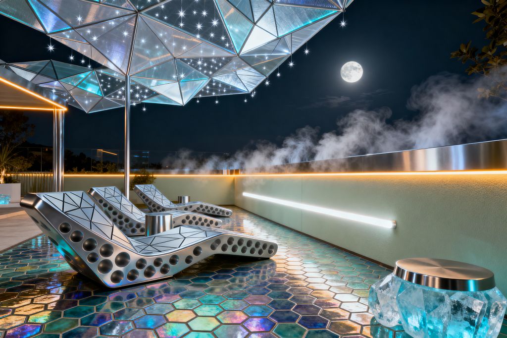 Nighttime patio with a faceted, translucent canopy dotted with tiny LED lights above three sculptural, perforated metal lounge chairs. The floor is paved in iridescent hexagonal tiles that reflect warm amber and cool white linear lights set into a low wall with a stainless-steel cap; light mist rises along the perimeter. Cylindrical metal drink rests and a small side table with a crystal-like base and brushed metal top sit nearby, with the full moon visible.