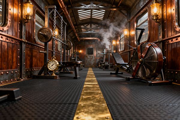 A home gym styled like a vintage railcar features riveted copper-and-steel walls, brass cage sconces with warm bulbs, and exposed pipes along the ceiling. Black rubber flooring with a central brass strip anchors benches, a barbell rack hung with chains and a pocket-watch clock, an air bike with a leather-strapped fan, and free weights, while steam near the rear door and roof glazing create a moody, industrial atmosphere.